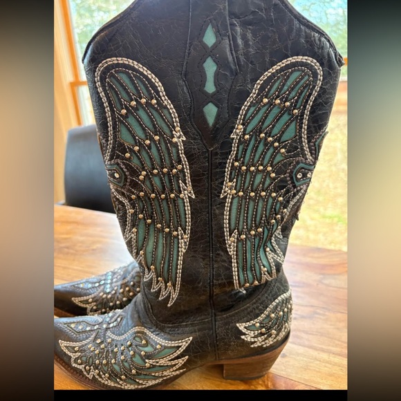 Corral A1048 Black Turquoise Wing Cross Studded Snip Toe Cowgirl Boots 9.5M - Picture 5 of 14